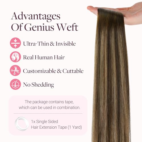 Image of GOO GOO Tape In Weft Hair Extensions Human Hair, Genius PU Long Weft Tape In Hair Extensions Real Human Hair, Silky Easy to Use, 4 /27 /4 Balayage Chocolate Brown to Caramel Blonde 20 inch 60g 2pcs