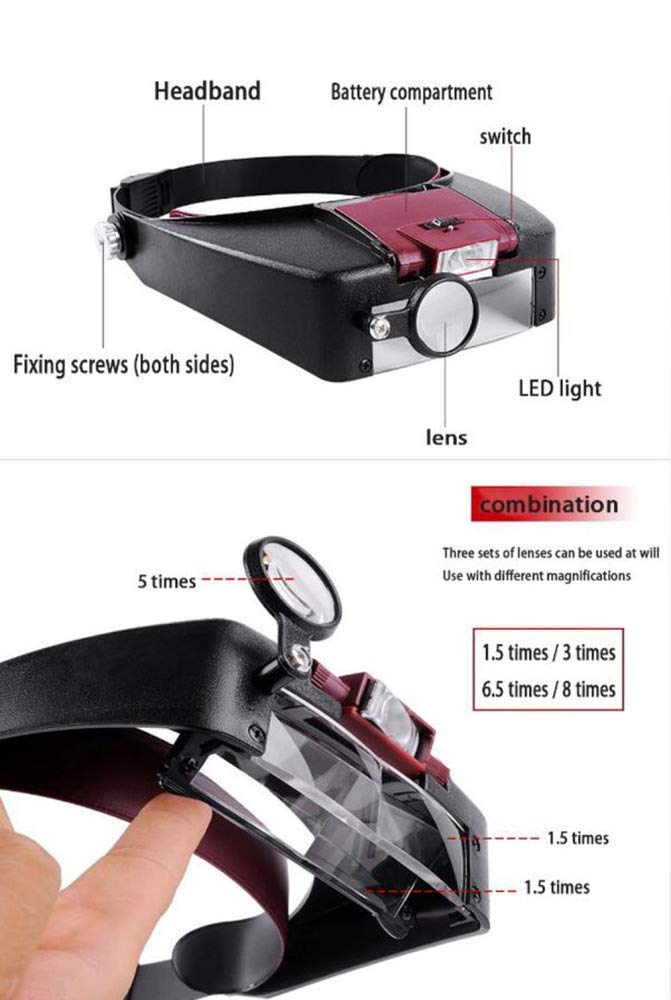 Lupa, Lupa De Diadema con Luz, Lupa Montada En La Cabeza con Luz para Lectura, Lupa para Joyería, Relojería, Reparación Electrónica 1.5X, 1.5X, 5X