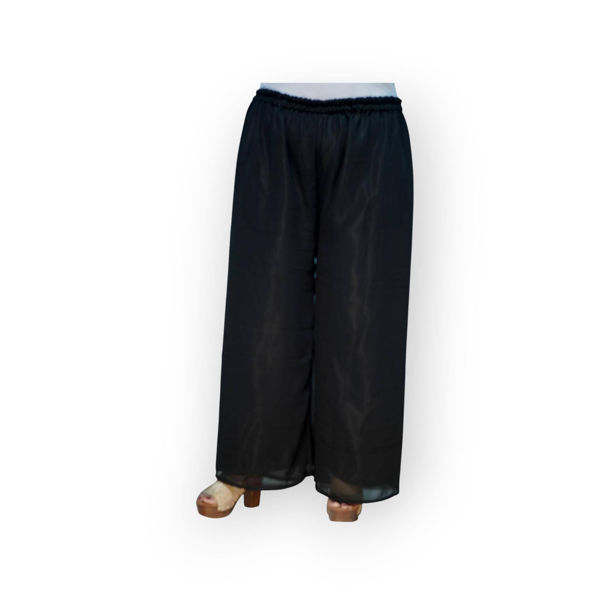 Women's Georgette Palazzo Pants with Satin Lining, Elastic Waist, Black-picture-35