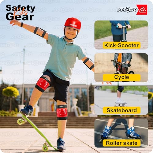 Image of Aprodo Kids Sports Protective Gear Set | from Beginner to Advanced | for Ages 3-5-8-14 Boys & Girls | Includes Knee & Elbow Pads, Wrist Guards | Ideal for Skateboarding, Cycling & Scooter (Red)