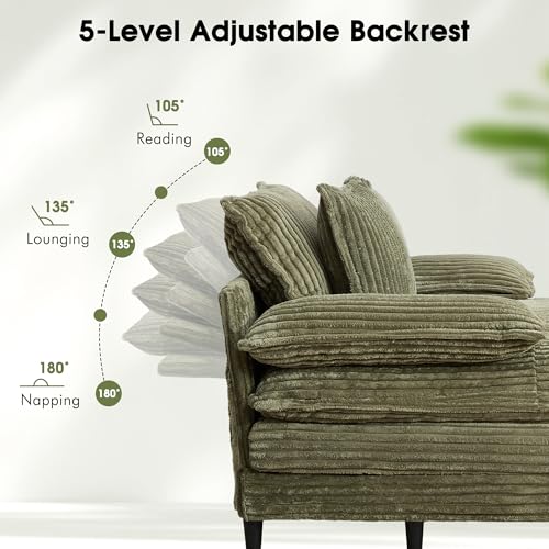 Image of WESTSETLUX 54.8 inch W Oversized Chaise Lounge Chair Indoor with 5-Position Adjustable Backrest, Corduroy Sleeper Sofa Bed with 3 Pillows, Modern Cloud Couch Chair for Living Room, Bedroom, Green
