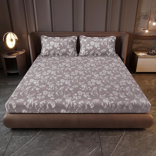 Image of Divine Casa 210 TC Cotton King Size Bedsheet | Soft Breathable Wrinkle Resistant Bed Sheet with 2 Pillow Covers | Pigment Twill Satin Bedding | 275 x 275 cm (Muted Red-Brown, Floral)