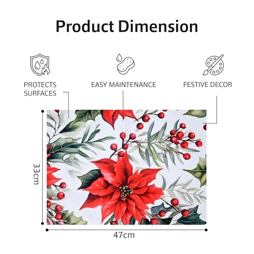 Image of Dining Table Mats Set of 6 - Red Flower Chritmas Magic Theme,Digital Print, Washable, Indoor /Outdoor, Heat-Proof, Wipe & Clean (47X33 cm) Red & Green
