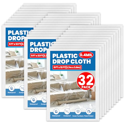 32 Pack Plastic Drop Cloth, 9 x 12 Feet Plastic