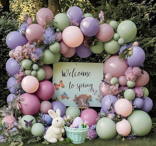 Image of Dusty Green Purple Pink Balloon Garland Double Stuffed Pastel Light Green Pink Lavender Lilac Balloon Arch Kit Mauve Blush Balloons for Baby Shower Wildflower Birthday Wedding Summer Tea Party Decor