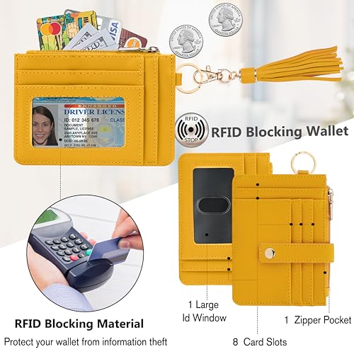Image of KNGITRYI Wristlet Wallet for Women,RFID Keychain Wallet with Beaded Strap | 8 Card Slots,ID Window,Zipper Pocket,Leather Tassel,Compact Design