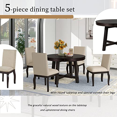 Harper & Bright Designs 5-Piece Farmhouse Extendable Round Dining Table and Upholstered Chair Set, Round Dining Table with Shelf, Wood Dining Table Set for Family Dining Area - Image 5