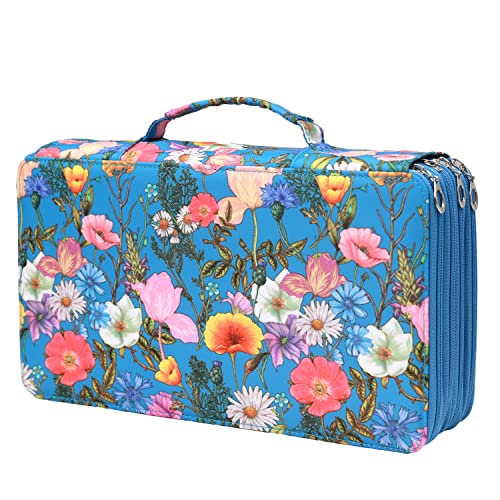 Image of Colored Pencil Case - Large Capacity Colored Pencil Holder with Zipper Closure Twill Fabric Pencil Case for 300 Colored Pencils or 200 Gel Pen, Pencil Case Organizer for Artist (Blue Flower)