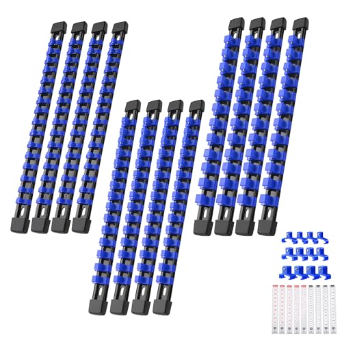 Image of Reniteco 12-Pack Socket Organizer Set, 1 /4 inch x 64 3 /8 inch x 60 1 /2 inch x 48 Clips | 172 Clip Capacity, Havy-Duty ABS Socket Rails, Removable Clips, Drive Socket Storage, Toolbox Drawer or Wall Mount