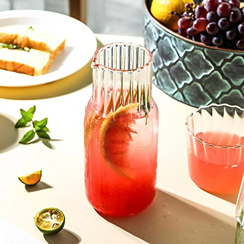 1Set Glass Bedside Water Carafe and Glass Set, 600ml Juice Pitcher, Heat Resistant Water Jugs with Lids, Mouthwash Bottle for Nightstand, Kitchen, Bedroom & Bathroom (Striped 1Set)