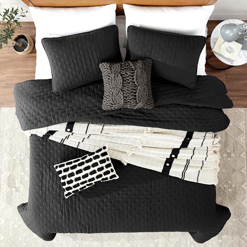 ROARINGWILD Black Queen Size Quilt Bedding Sets with Pillow Shams, Lightweight Soft Bedspread Coverlet, Quilted Blanket Thin Comforter Bed Cover, All Season, 3 Pieces, 90x90 inches