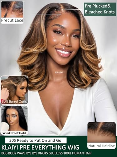 Image of KLAIYI Pre Everything13x4 Lace Front Glueless Bob Loose Body Wave Wig Human Hair Drawstring Ombre Brown Bye Bye Slip Pre Plucked Bleached Knots Ready to Wear and Go Wig with Face Framing Bang 12Inch