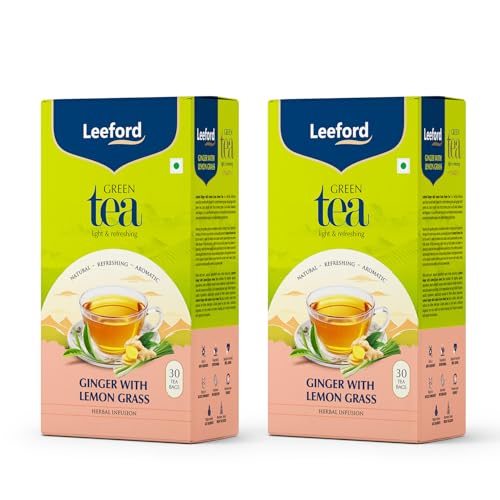 Image of Leeford Ginger Lemongrass Green Tea 30 Tea Bags (Pack of 2) | All Natural Flavour | Zesty Immunity Booster | Antioxidant Powerhouse | 100% Natural Digestion Aid | Brews Best with Added Honey | Milk-Free & Fuss-Free