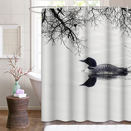 Semtomn Shower Curtain Water Black And White Loon On Lake Cottage Bird 72"X72" Home Decor Waterproof Bath Bathroom Curtains Set With Hooks #TOP2