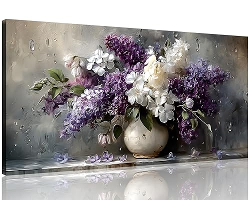 TutuBeer Tableau violet vase fleurs, toile 16" x 32", prêt à accrocher