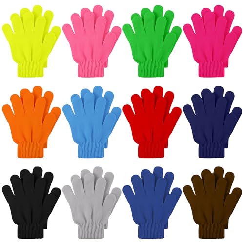 Image of Cooraby 12 Pairs Kid's Winter Magic Gloves Children Stretchy Warm Magic Gloves Boys or Girls Knit Gloves for 6-12 Years