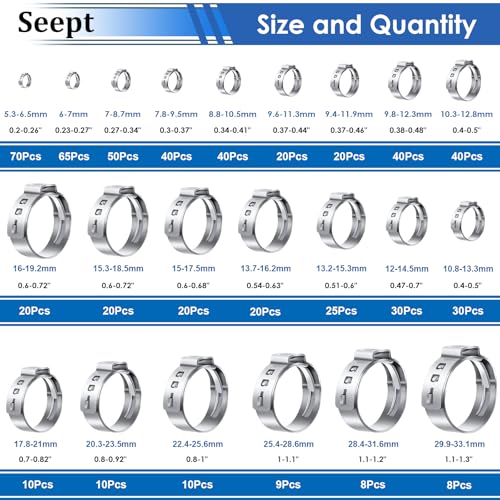 Image of 605Pcs 22 Sizes Single Ear Hose Clamps 5.3-33.1mm 304 Stainless Steel Crimp Hose Clamps Assortment Kit Perfect for Automotive /Home Appliance /Water Pipe and Fuel Line