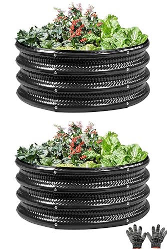2 Pcs 2x2X1 FT Round Galvanized Raised Garden Bed Kit, Black Outdoor Planter Garden Bed, Metal Raised Box for Vegetables, Fruits, Flowers & Herbs