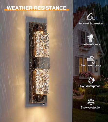 Image of Outdoor Porch Light, 18.5 inch Rustic LED Dusk to Dawn Wall Sconce Light | Rustic Wood-Grain,Crystal Glass Shade, IP65 Waterproof,12W 3000K Hardwired, Rust-resistant for Entryway /Garage /Patio /Doorway.