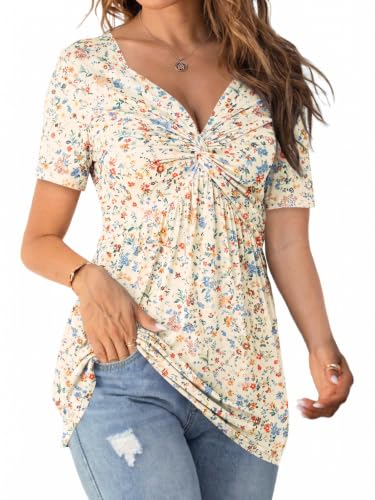 Image of Tankaneo Womens Front Knotted V-Neck Blouse T Shirt Short Sleeve Oversized Tunic Tops Summer Solid Pullover Tees