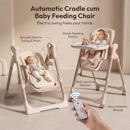 Image of StarAndDaisy 2-in-1 Baby High Chair for Boy & Girl with Automatic Swing Cradle, Foldable Feeding Chair, Removable Dining Tray, Adjustable Backrest & Footrest for Infants & Toddler-Beige