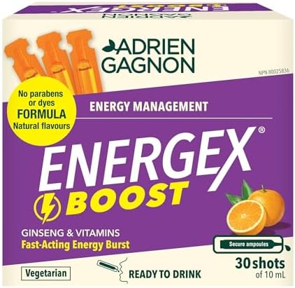 Adrien Gagnon - Energex Boost Liquid - Fast-Acting Natural Energy Burst – Vitamins, Adptogenic Plants & Natural Caffeine – Orange Flavor -30 Shots