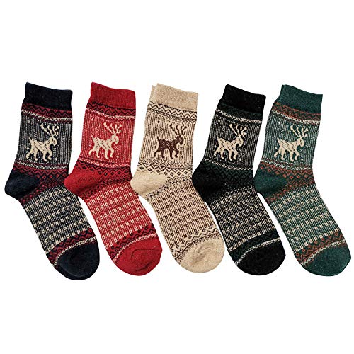 Henwerd 5 Pairs Womens Wool Socks Thick Knit Vintage Cozy Socks Winter Warm Crew Socks Christmas Sock Gift for Girl (E,Free Size)