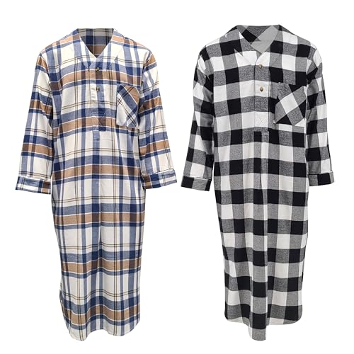 Andrew Scott Men's 2 Pack Lightweight Cotton Flannel Sleep Shirt, Long Henley Nightshirt Pajamas