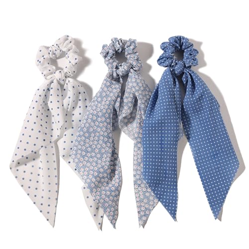 LFOUVRE Elastic Hair Scrunchies and Ribbons - Knotted Bow Hair Ties Scarf Scrunchies Ponytail Holders for Women and Girls 3pcs