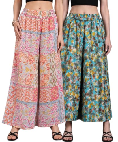 Image of Women Printed Palazzo Pants Combo Pack of 2, Comfortable Elastic Waist Lounge Pants for Women | Relaxed Fit, Loose Fitting Wide Leg Palazzo Pants, Casual Bottom (Available in S to 3XL Size)