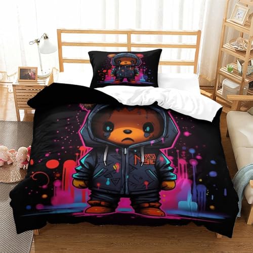 Housse de couette microfibre ours 3D infroissable et douce avec fermeture éclair
