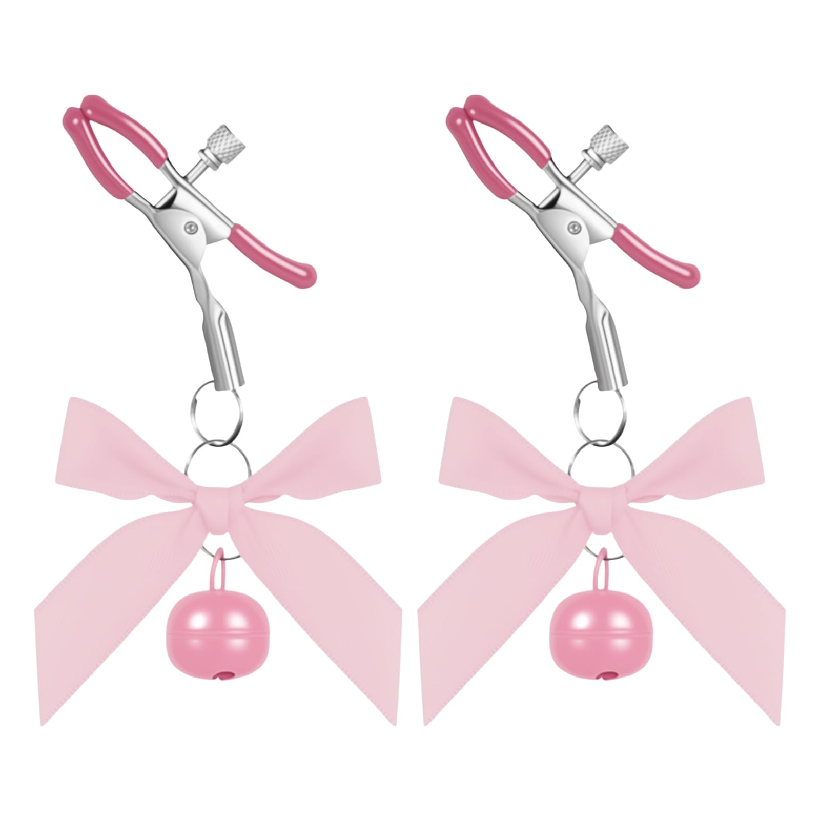 MEIZHJJU Nipple Clamps with Bow Bells, Adjustable, Non-Piercing Body Jewelry for Women - Stainless Steel and Satin Design, Perfect for Sensual Play & Adult Toys. (Pink)