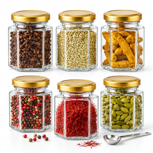 Image of NATURALSPOON Hexagon Glass Jar & Container with Rust Free Air Tight Lid, Suitable for Use in Your Home Office, Kitchen Storage /Glass Jar for Kitchen 250 ml (Gold lid, 6) (6 PCS)