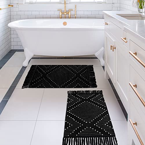 MitoVilla Schwarzes Boho-Läufer-Set, 2-teilig, 60 x 90 cm, Teppich mit Quasten für Küche, Baumwollgewebe, waschbar, Tribal-Badezimmerteppich für Flur, Eingangsbereich, Waschküche, Boden Cover