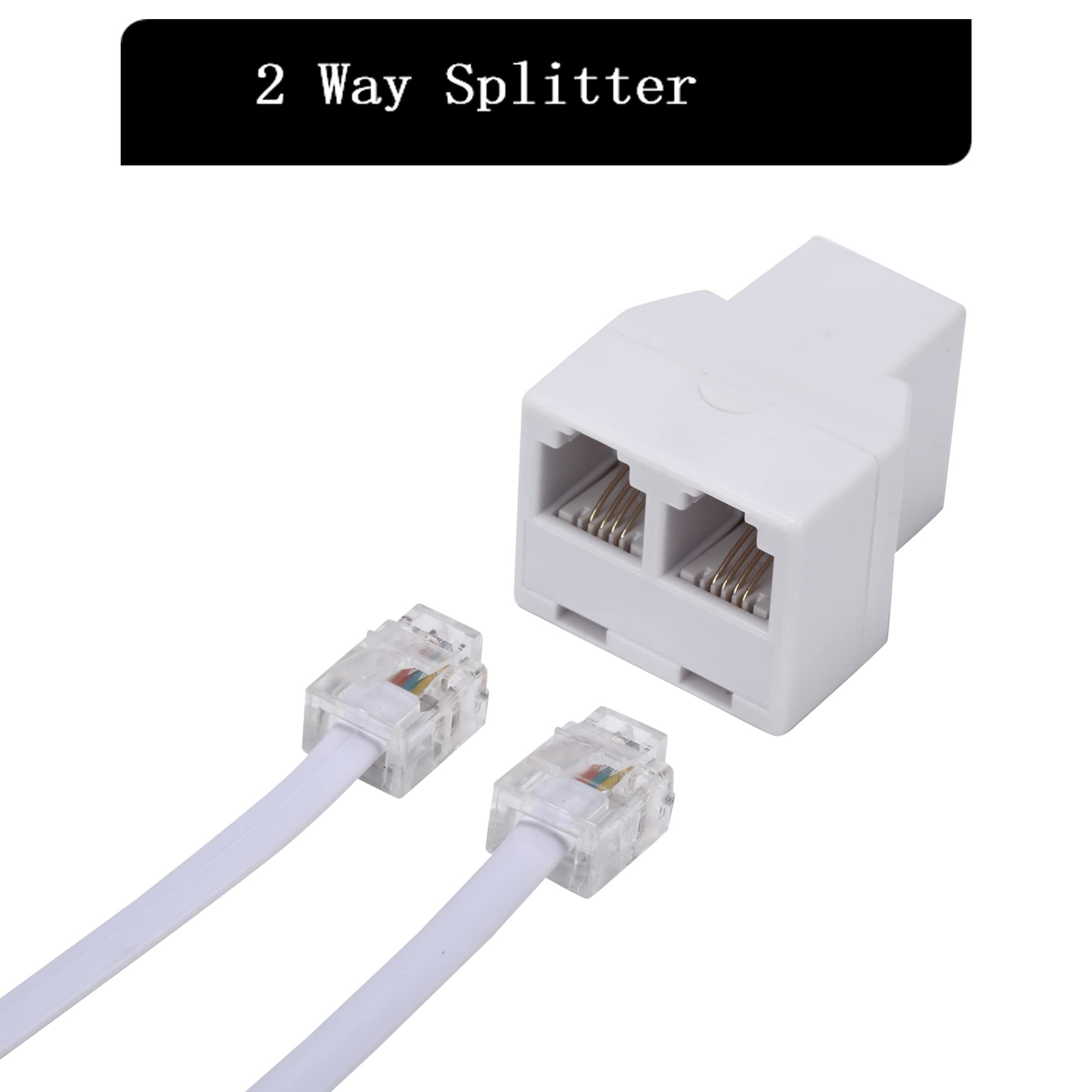 Telefonleitungs-Splitter, Telefon-Splitter, mit RJ11 6P4C Steckern, geeignet für Telefon, Faxgerät, Weiß, 2 Stück