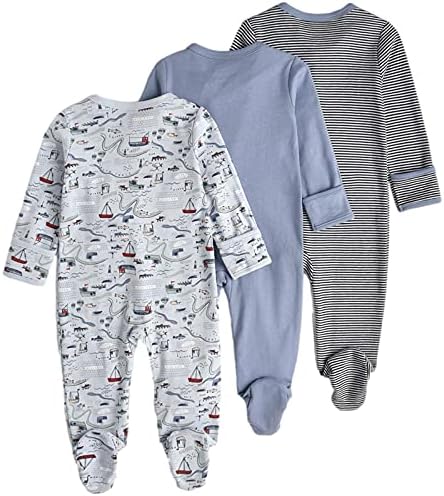 amropi Babyrompertje, 3 stuks, pyjama van katoen, pasgeborenen, jongens, meisjes, lange mouwen, romper, 0-12 maanden, Blauw/Grijs Band, 6-9 Maanden