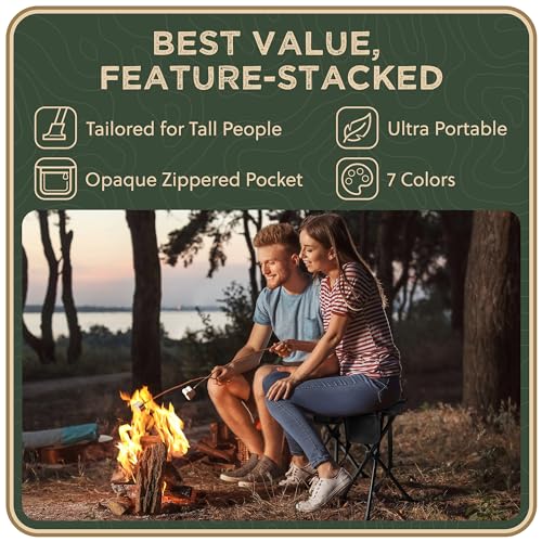 Image of Foldable Tripod Stool - Ultra Portable Seat for Tall People, 20 inch High - Hunting Chair & Hidden Zippered Pocket - 2 lb Camping Stool, 3 Legged Strong Steel Stool Holds up to 200 lb (Black)