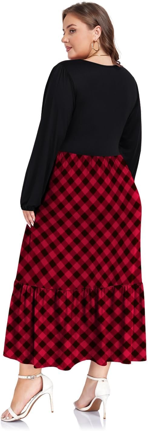 moon wood women's plus size maxi dress empire waist crew neck long sleeve dress with pockets, long casual dreses daily wear red & black plaid 3x-large plus