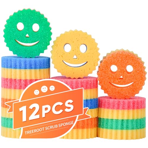 12 Colorful Smile Scrub Sponges Temperature Controlled Dish Sponge Double Sided Bulk Kitchen Sponges for Cleaning Multi Functional Cleaning Sponge for Kitchen Bathroom Floor