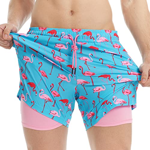 MaaMgic Herren Badehose mit Kompression Badeshorts 2 in 1 | 5.5' Schnelltrocknend lässige Swim Shorts Kurz Boardshorts mit Innenhose Reißverschlusstasche XS - XXL,Hellblau Rosa Flamingo 5.5,L