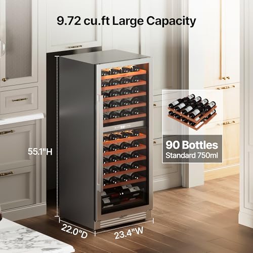 Image of Ca'Lefort Wine Fridge Dual Zone, 90 Bottle 24 Inch Wine Cooler Refrigerator, 40-65F Refrigerator with Glass Door, 3 LED Built-in /Freestanding Fridge for Bar /Kitchen /Resterant (Right-Hinged)