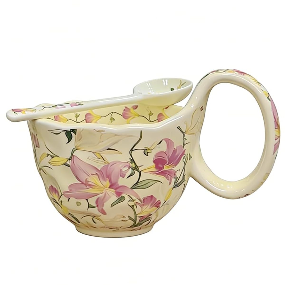 17.64 Oz Microwavable Soup Bowl with Handle, Hand Painted Lily Decor Decorative Soup Bowls with Handles, Ceramic Soup Bowl with Spoon for Holding Fruits Cereal Snack, Chili, Ice Cream, Stew and Salsa