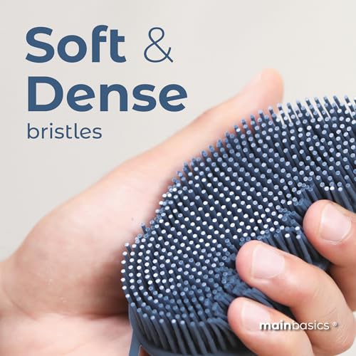 Image of MainBasics Exfoliating Silicone Body Scrubber Pro 2-in-1 Shower Scrubber for Body, Silicone Loofah and Body Exfoliator (Dark Blue, Body + Exfoliate)