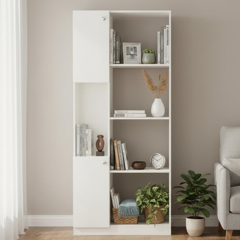 Image of FURNEASER Bookaura Wooden Bookshelf with Doors, Multipurpose Bookcase Storage Organizer for Living Room Modern Wooden Book Shelf Cabinet, Display Rack for Books & Decor (White)