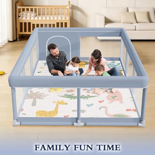 Image of XVISHX 74 x 50 Inch Baby Playpen with Mat, Playpen for Babies and Toddlers, Baby Playard for Indoor & Outdoor Active Center Game Fence, with Skin-Friendly Fabric and Soft Breathable Mesh, Grey