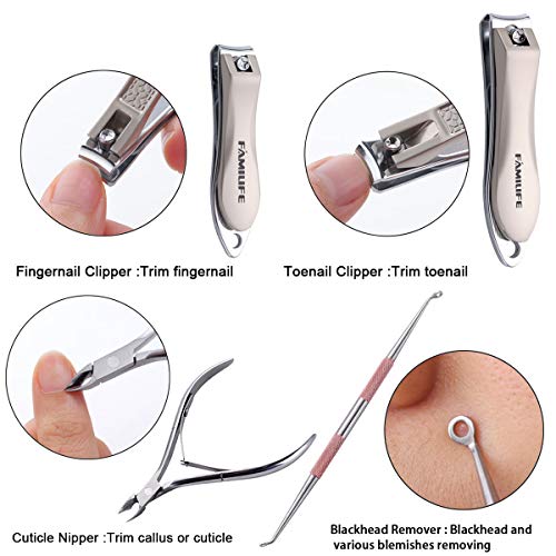 FAMILIFE Manicure Set, 8 in 1 Professional L13 Manicure Kit Nail Clipper Set Stainless Steel Pedicure Tools Kit Portable Grooming Kit with Pink Leather Travel Case for Women Girl