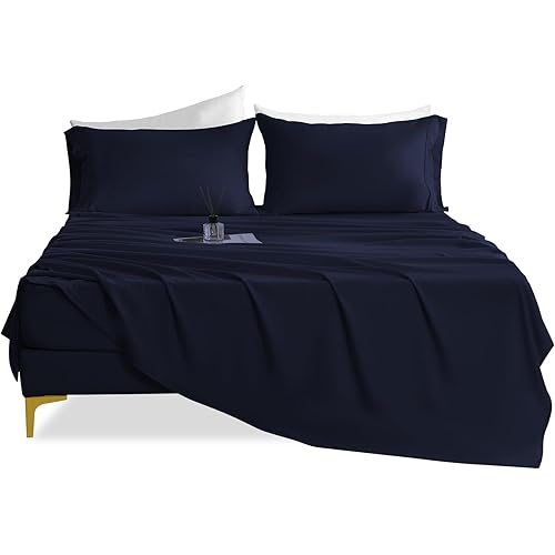 California King Sheet Set Deep Pocket - 4 Piece Silky Soft Breathable Bed Sheet & Pillowcase Set, Hotel Luxury Wrinkle Free Cooling Bedding Sheets Cal King Size, Dark Blue