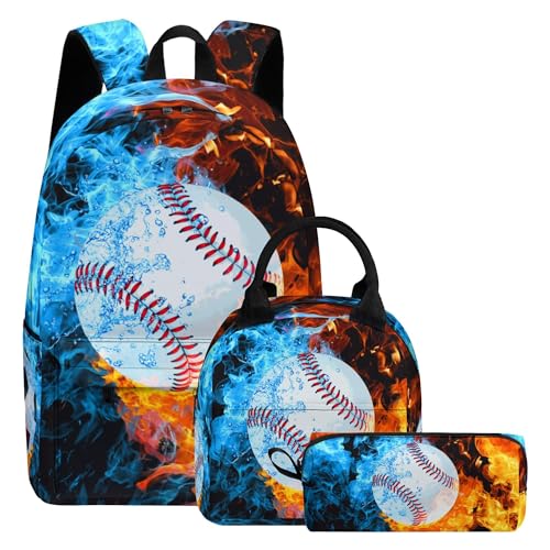 Image of Baseball Printed Backpack Set for Boys Kids, 3Pcs Bookbag with Pencil Case for school, 17 Inch Lightweight Laptop Backpack with Lunch Bag for Mens Teens Office, High School