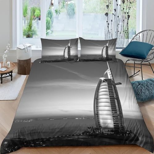 Funda Nordica Cama 180 Hotel Burj al Arab Ropa de Cama 3D Edificios Emblemáticos Microfibra Suave 3 Piezas Include 1 Fundas Nórdica 240x260 cm y 2 Fundas de Almohada 50x75cm C-2261