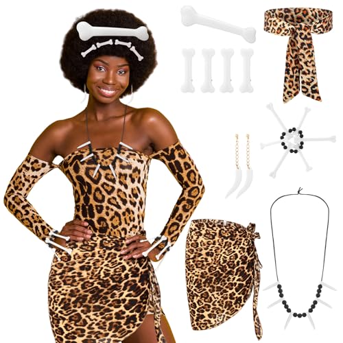 Breathffy 10 Pcs Halloween Caveman Costume Set Leopard Headband Sarong Wrap Skirt Jungle Bone Necklace Caveman Tooth Bone Bracelet Stone Era Teeth Earrings Hair Clips for Halloween Cavewoman Cosplay